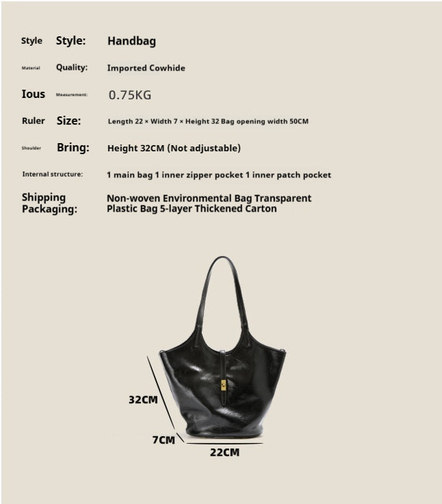 Niche Premium Black Large Capacity Leather One-shoulder Bucket Bag