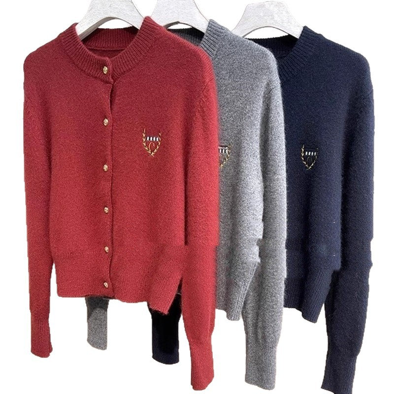 Raccoon Fur Yarn Embroidered Badge Sweater Coat