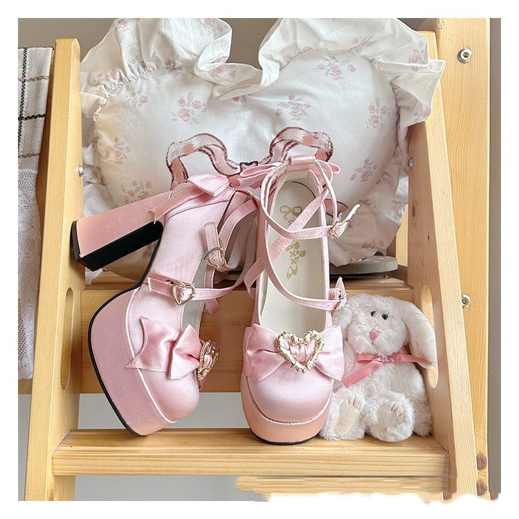 Waterproof Platform Satin Thick Heel Bowknot Love Cross Buckle Strap High Heel Pumps