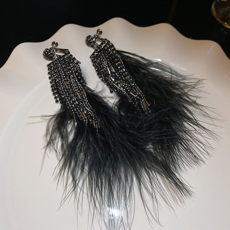 Silver Needle Black Rhimestone Flower Geometric Tassel Stud Earrings