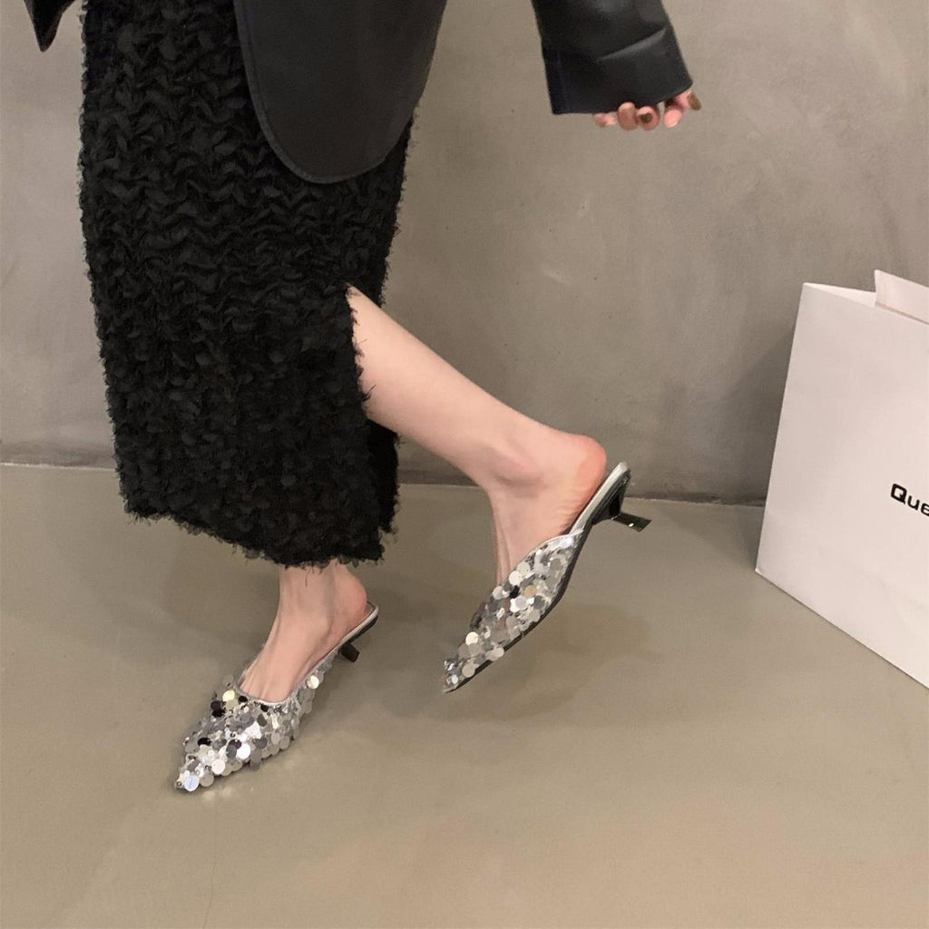 French Minority High Heel Silver Temperament Closed Toe Sandals