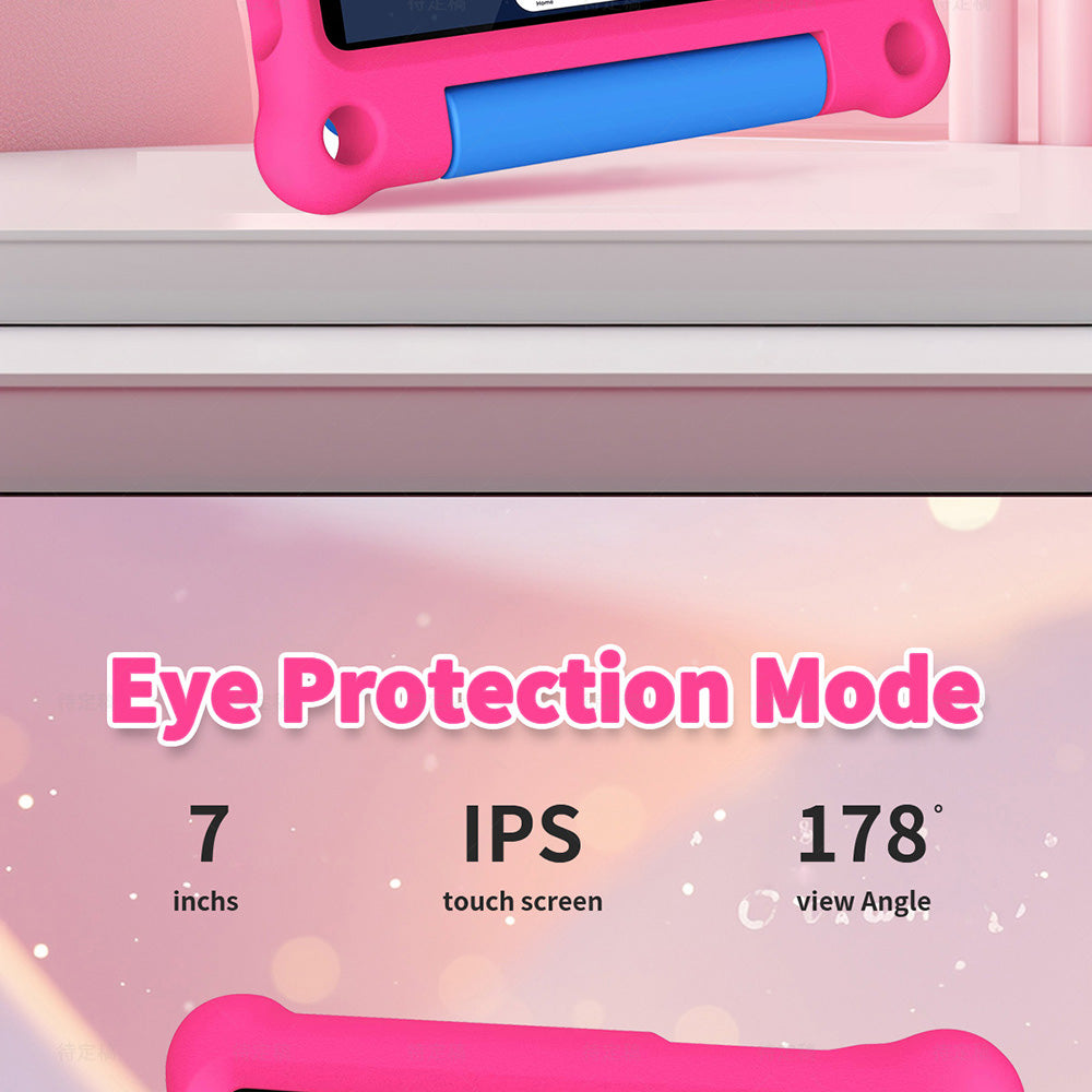 G-tab T7Pro Kids Tablet  7 Inch 1024&600 IPS Screen  Android 14  1.5GHz Quad-core CPU  4GB RAM 2GB &2GB Expansion 64GB ROM 2.4&5GHz WiFi  3000mAh Battery  2MP&2MP Camera-Pink