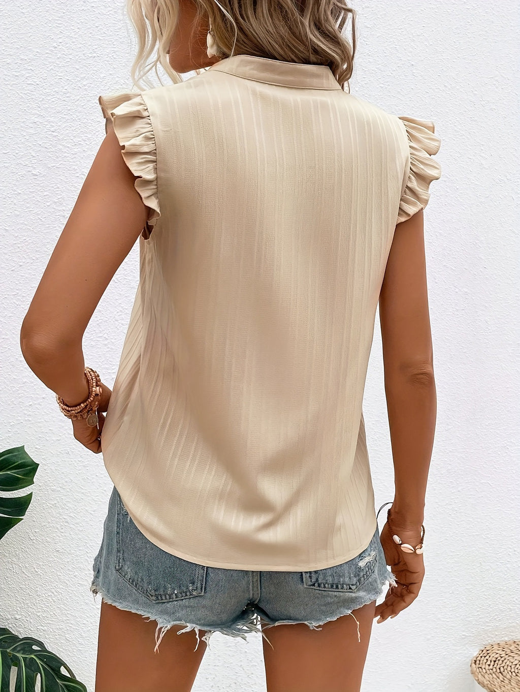 Simple Lace V-neck Patchwork Ruffle Sleeve Fashion Summer Women's Top