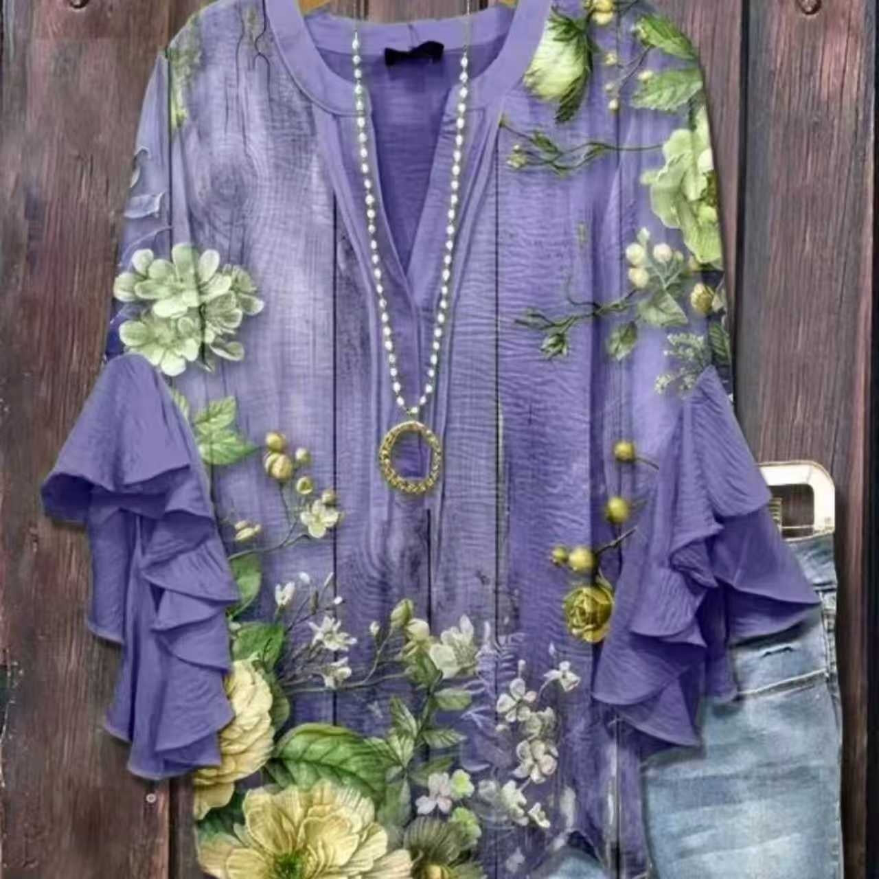 Casual Trend V-necked Floral-edge Women's Top