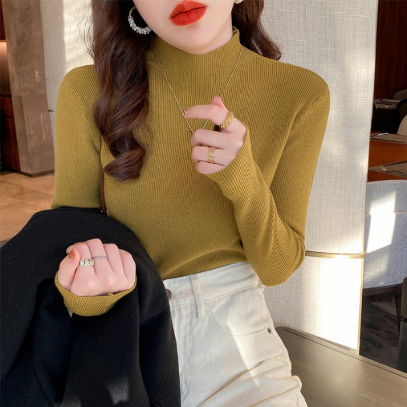 White Stand Collar Half Turtleneck Long-sleeve Knitted Undershirt