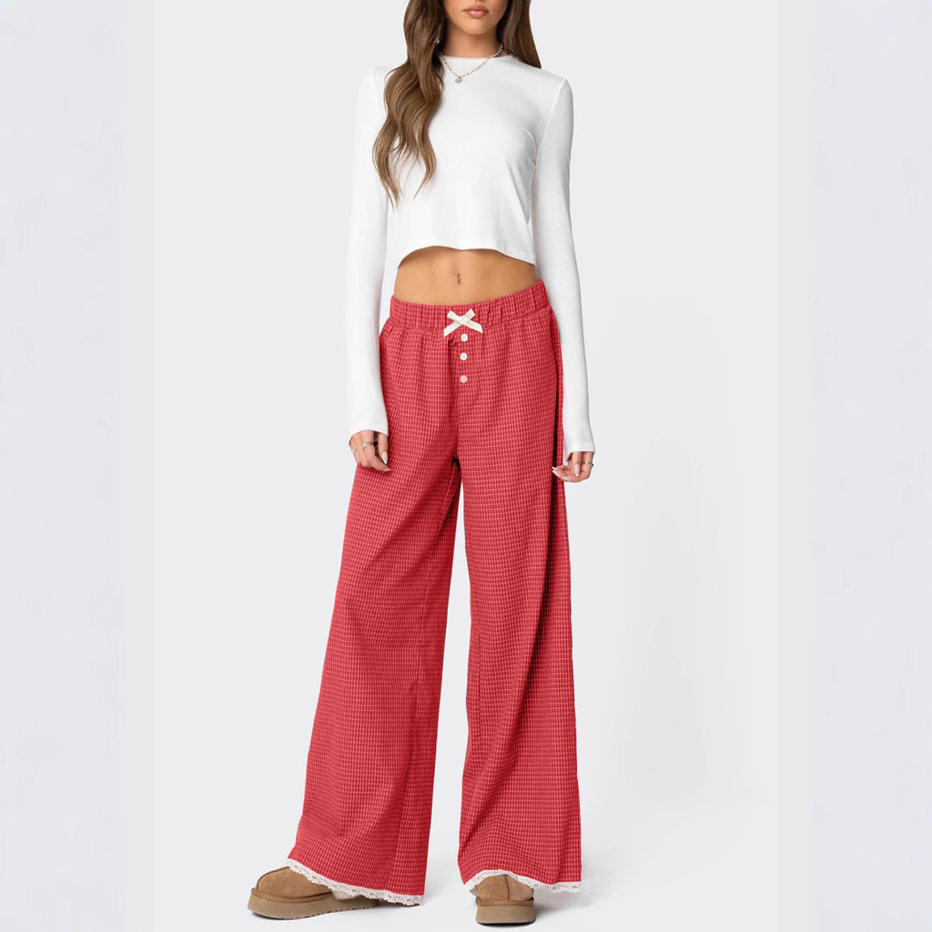 Women's Pastoral Style Plaid Printed Straight Elastic Casual Pants
