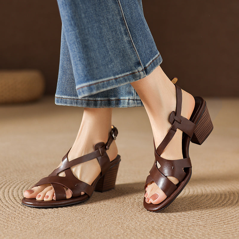 Women's Full-Grain Cowhide Cross-Strap Sandals, Block Heel Handmade Leather Heeled Sandals