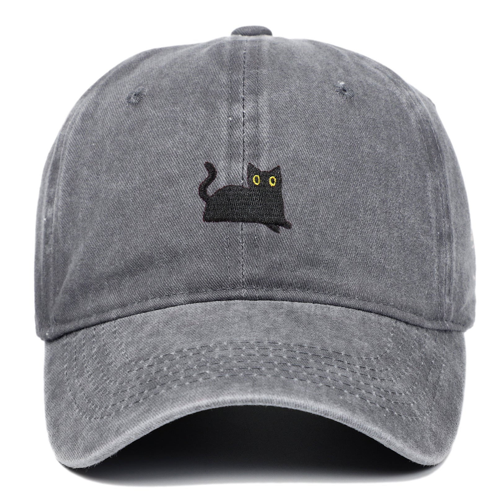 Black Cat Embroidered Washed Baseball Cap Sun Hat
