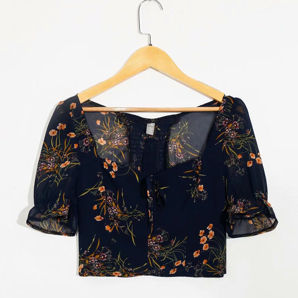 Womens Slim-fit Floral Puff-sleeve Short Top