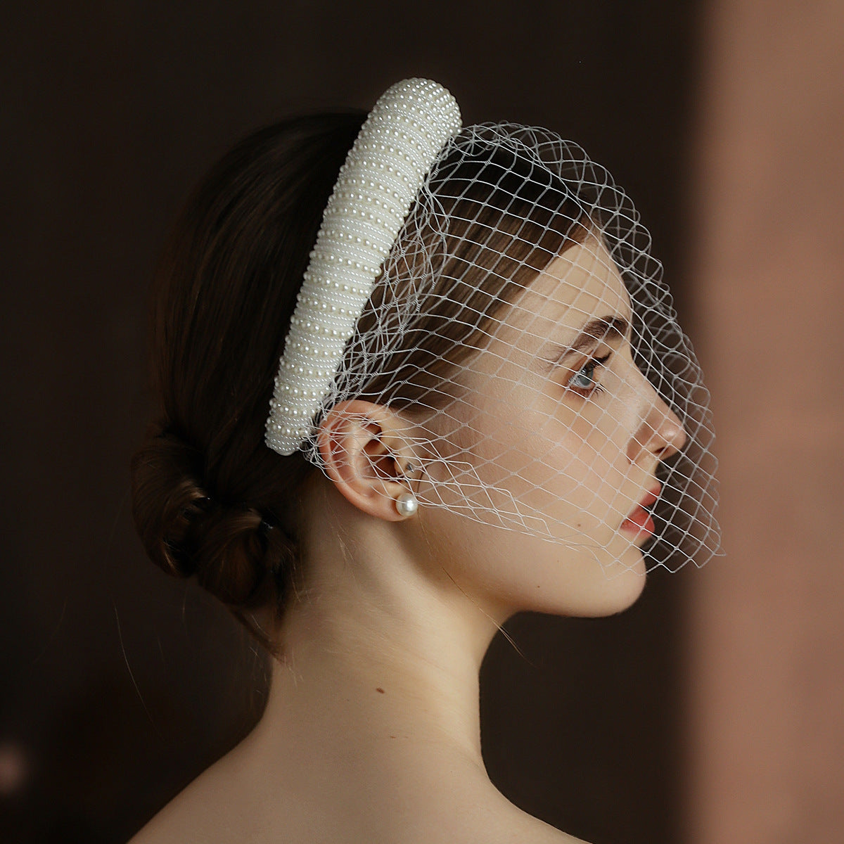 French Hepburn Style Bridal Veil White Vintage Beaded Large Meshed Net Mesh Headband