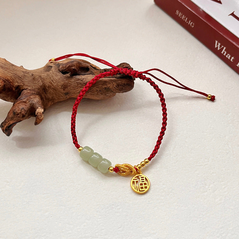 Alluvial Gold Ancient Gold Jade Blessing Card Red Rope Woven Bracelet