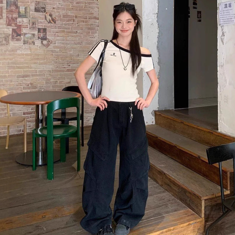 American Hot Girl Sweet And Spicy Sloping-shoulder Off The-shoulder Top