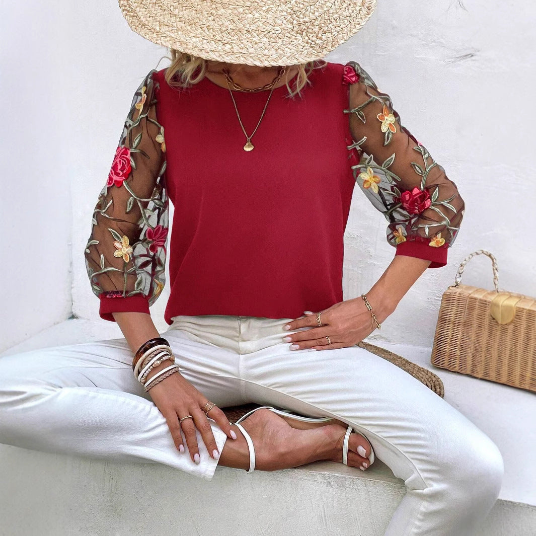 Women's Casual Mesh Black Patchwork Top