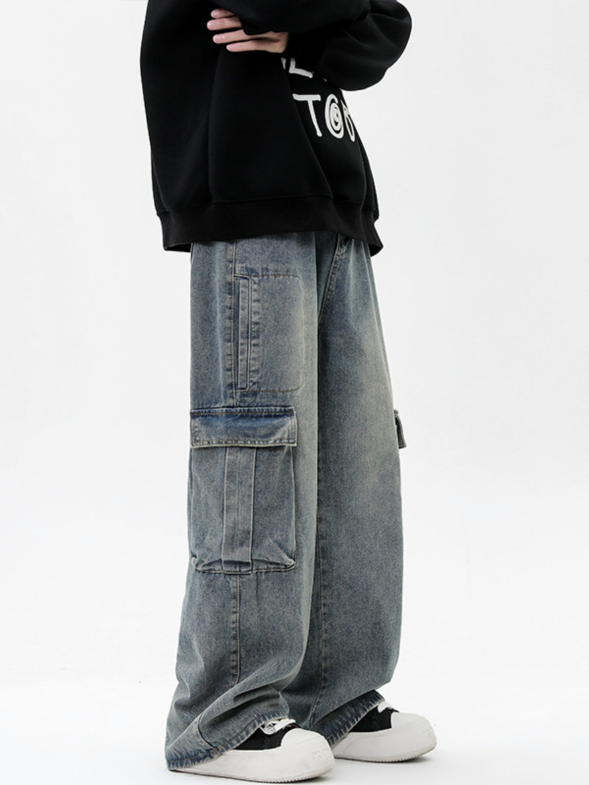Retro Washed Wide Leg Multi-pocket Loose Straight Jeans