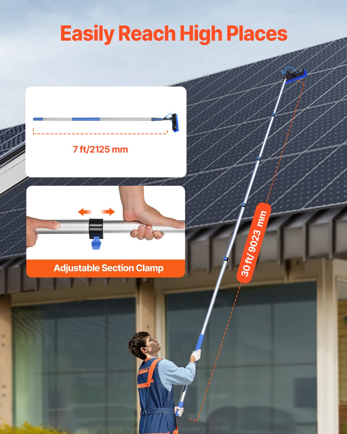Water Fed Pole Kit, 30FT Solar Panel Cleaning Pole With Extendable Handle, 180° Rotatable Brush Head & 65.6FT Hose, Household & Outdoor Window Cleaner Tool For Caravan Solar Panel Deck