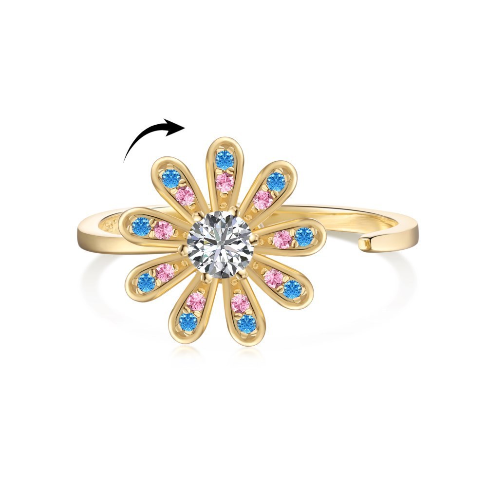 S925 Sterling Silver Flowers Diamond Decompression Rotatable Fashion Ring
