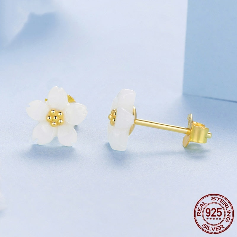 S925 Sterling Silver Cherry White Fritillary Stud Earrings