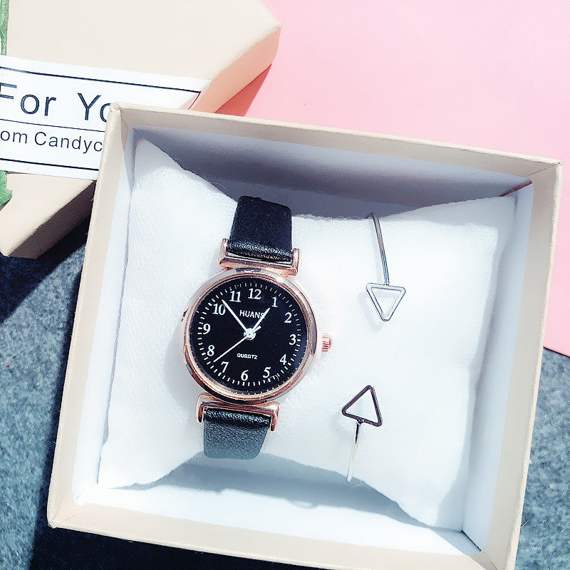 Simple small dial belt quartz watch + triangle bracelet
