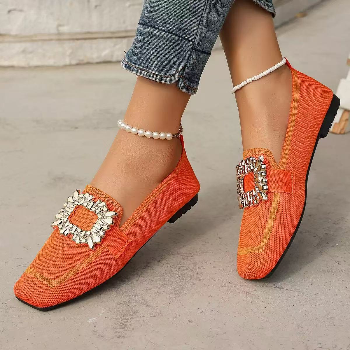 Flyknit Slip-on Square Toe Rhinestone Breathable Plus Size Women's Flat Shoes