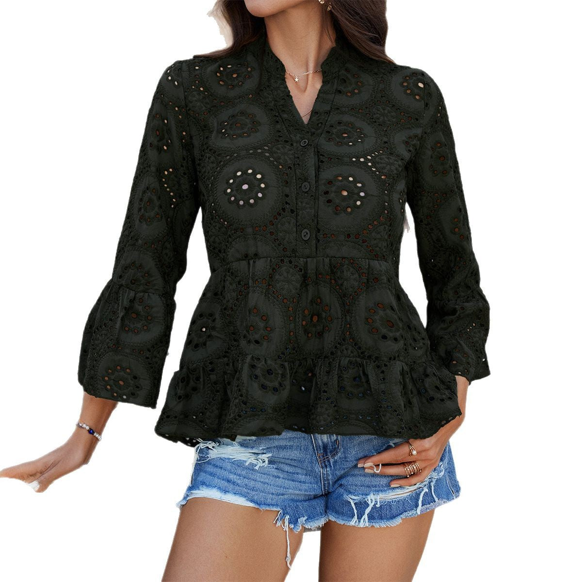 Casual Resort-Style Solid-Colored Hollow-Out V-Neck Three-Quarter-Sleeve Shirt