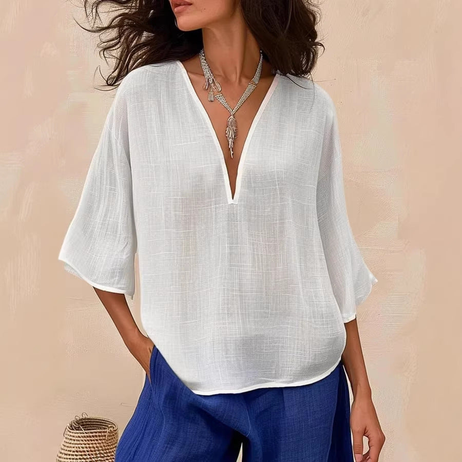 Loose Casual Solid-Colored Cotton-Linen Womens V-Neck Trendy Fashion Mid-Sleeve Top