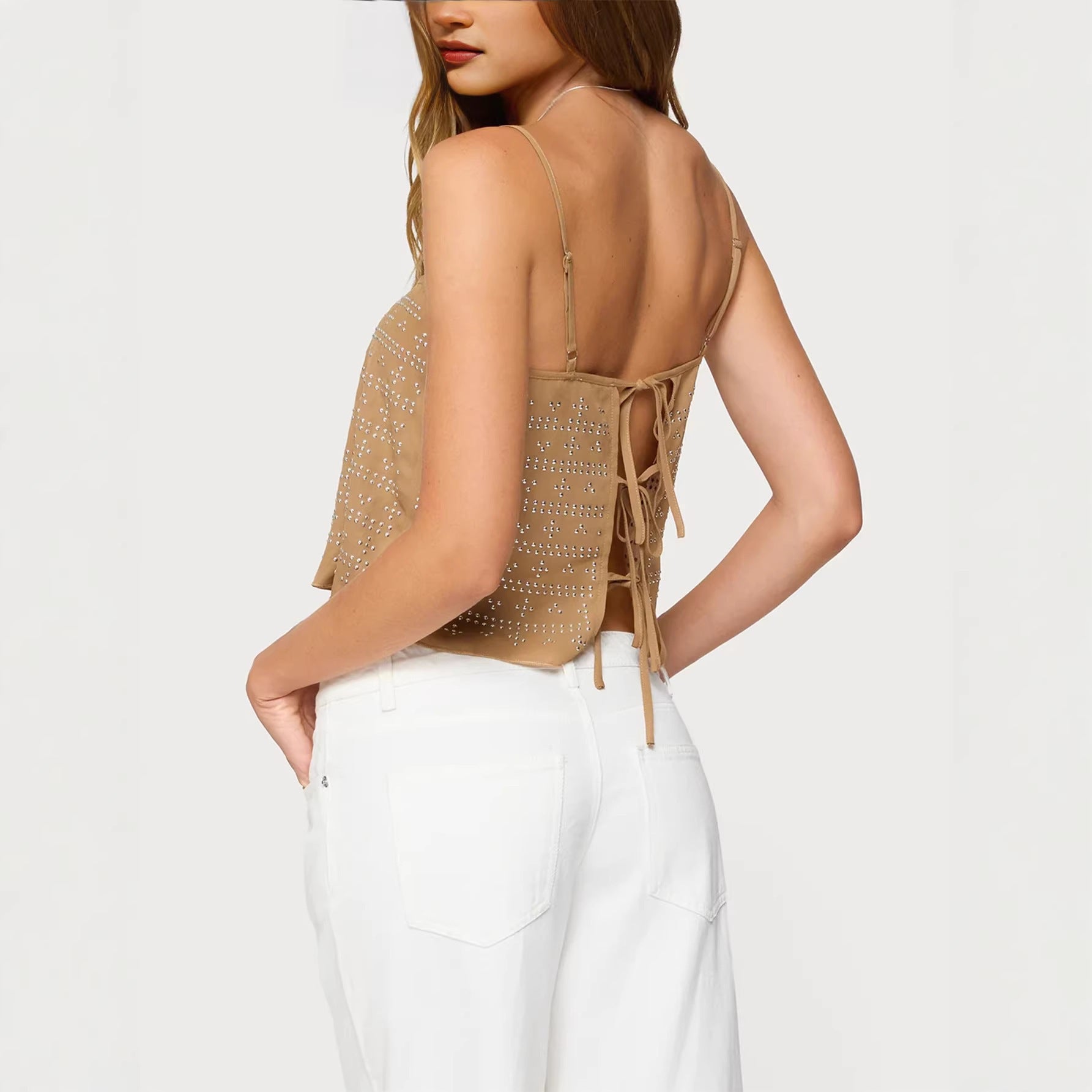 Women's Diamond-Encrusted Backless Top Little Tank Top