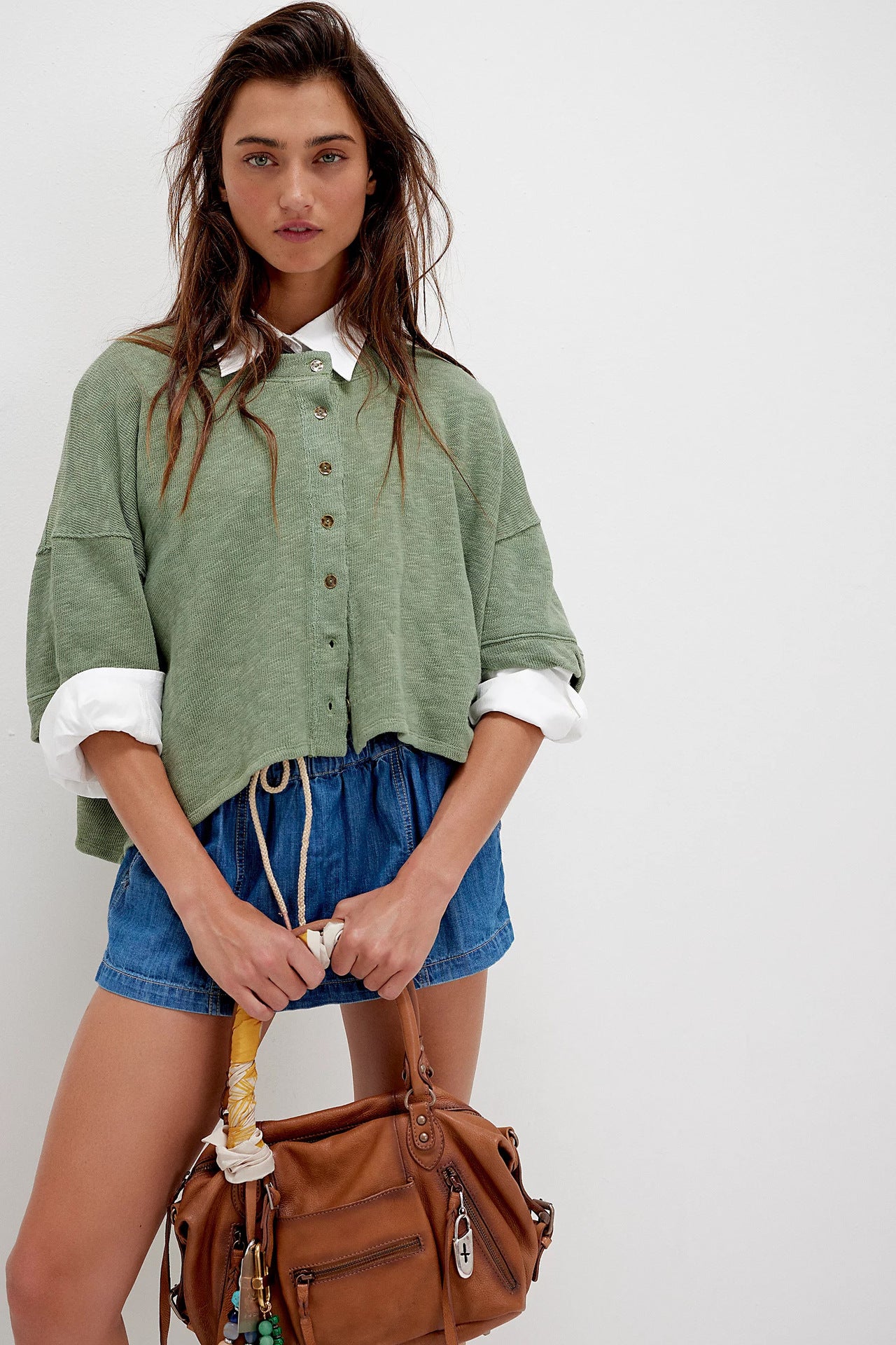 Linen Cardigan Button-up Top Three-quarter Sleeves Solid Color Womens Clothing