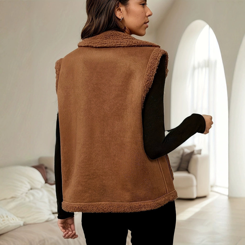 Women's Corduroy Collar Stitching Suede Vest Jacket With Side Pockets
