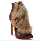 European Station Fashion Retro Metal Buckle Lace-up Color Matching Fur Stiletto Sandals