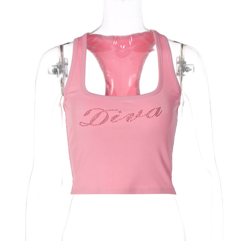 Fashion U-collar Letter Hot Drilling Sleeveless Vest