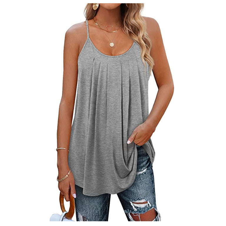 Women's Casual Summer Pleated Round Neck Keyhole Loose Top
