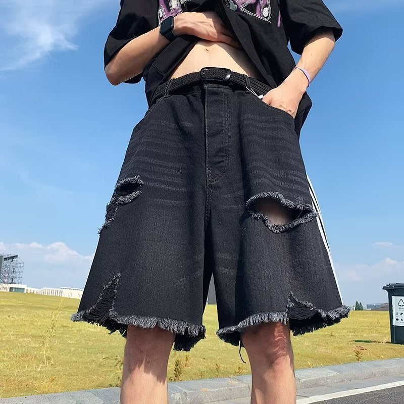 Ripped Denim Shorts Men's Retro Three-bar Pants Design Sense Niche Loose Large Trunks