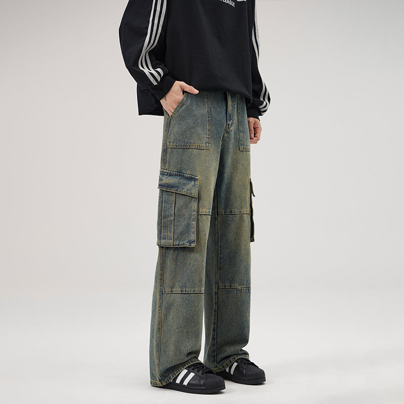 Mens American-style High-street Vintage Multi-pocket Jeans