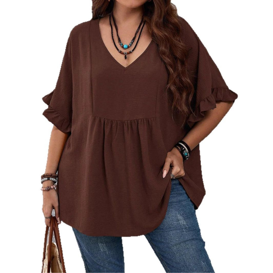 Solid-color Loose Ruffled High-waist Three-quarter-sleeve Top
