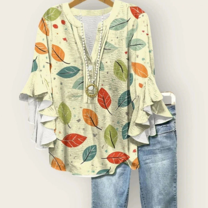 Printed Casual Trend V-necked Floral Edge Blouse