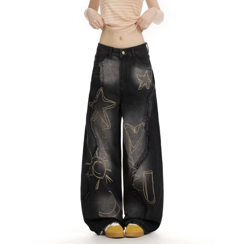 Women's High Waist Ripped Jeans Slim Fit Wide Leg Floor-Length Pants