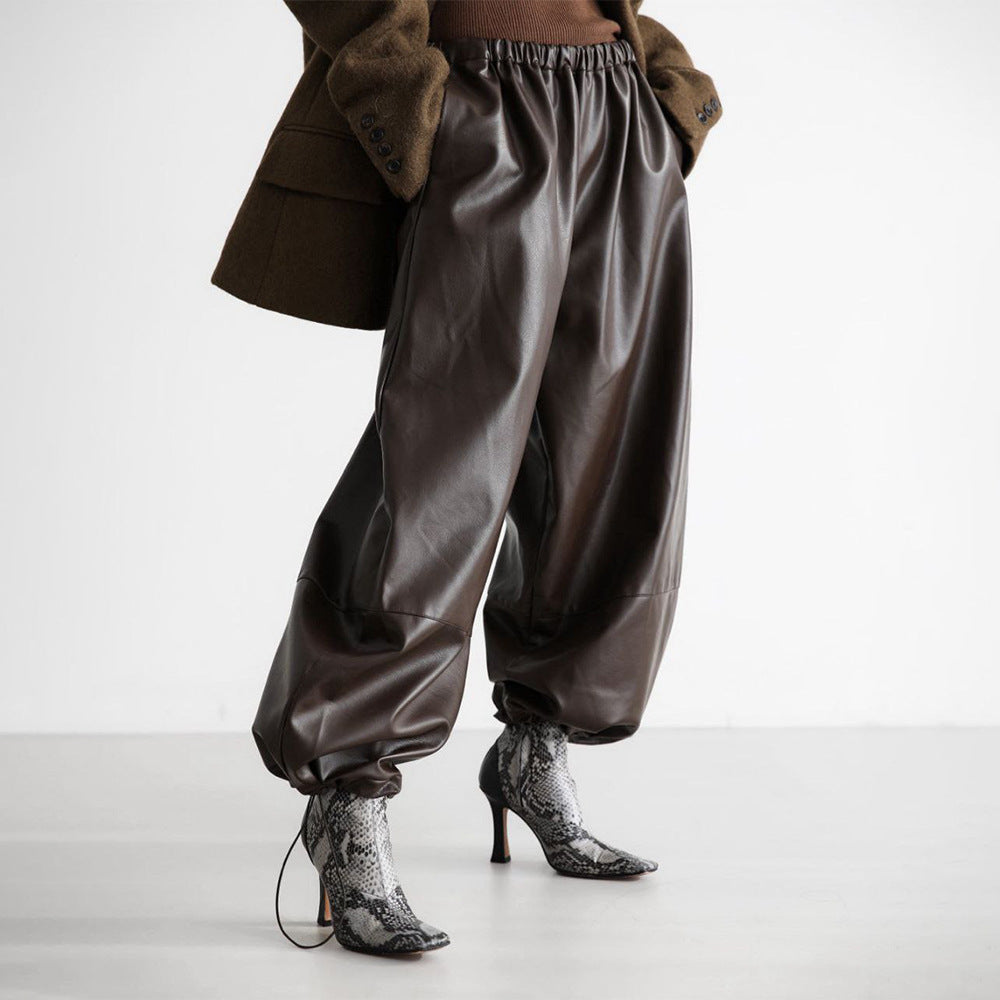 Drawstring Ankle-tied Bloomers Loose Leather Pants PU Leather Trousers