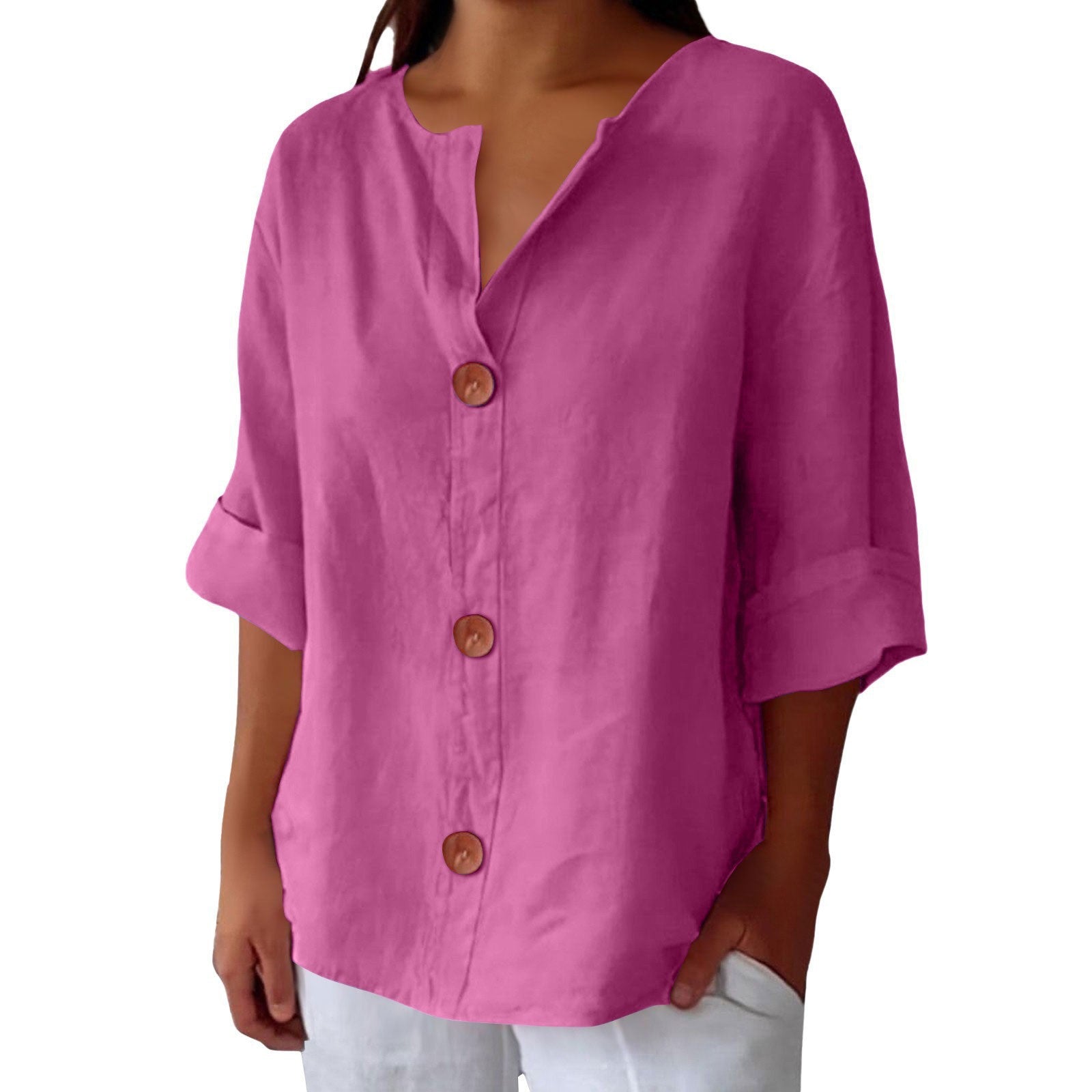 Women's V-neck cotton and linen buttoned blouse