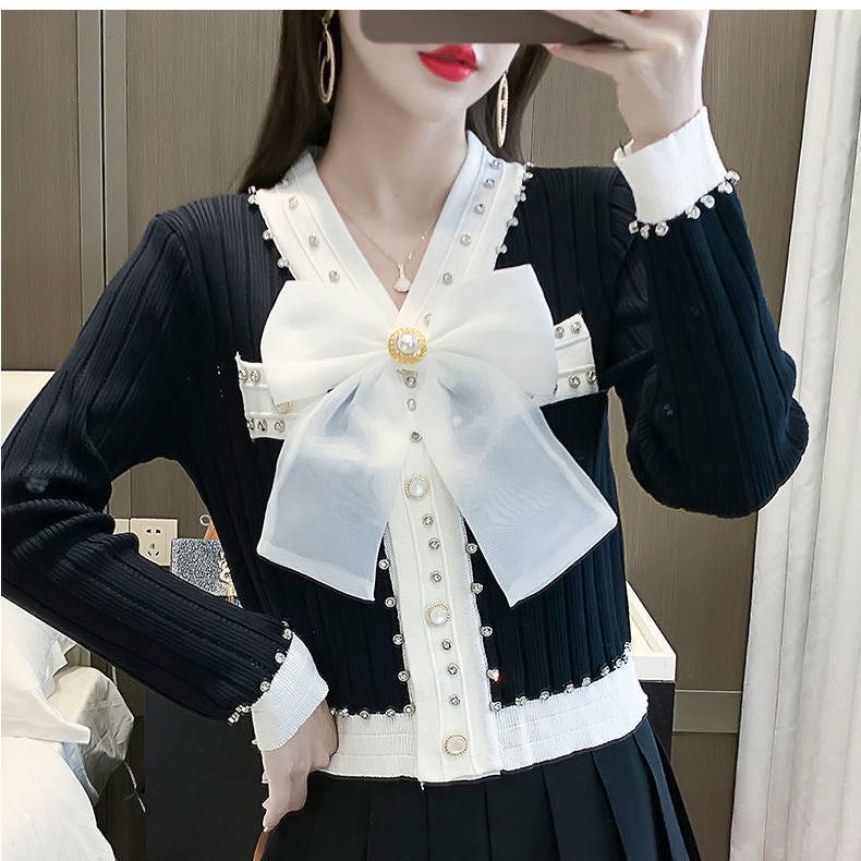 Fashion V-neck Bow Knitted Coat Women's Top