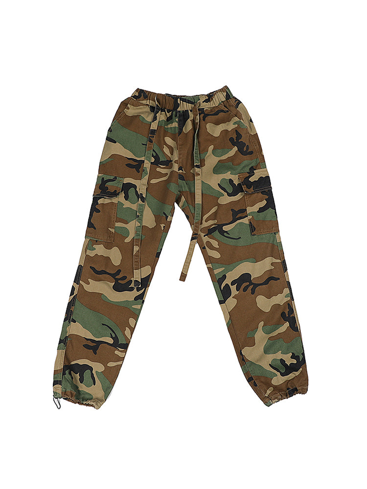 Camouflage Floating Rope Belt Straight Loose Trousers