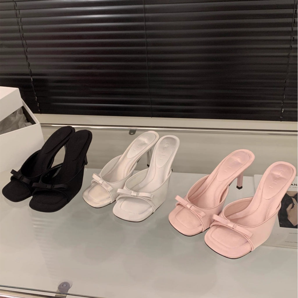 Square Head Fairy Bow High Heel Slippers Ankle-strap Stilettos