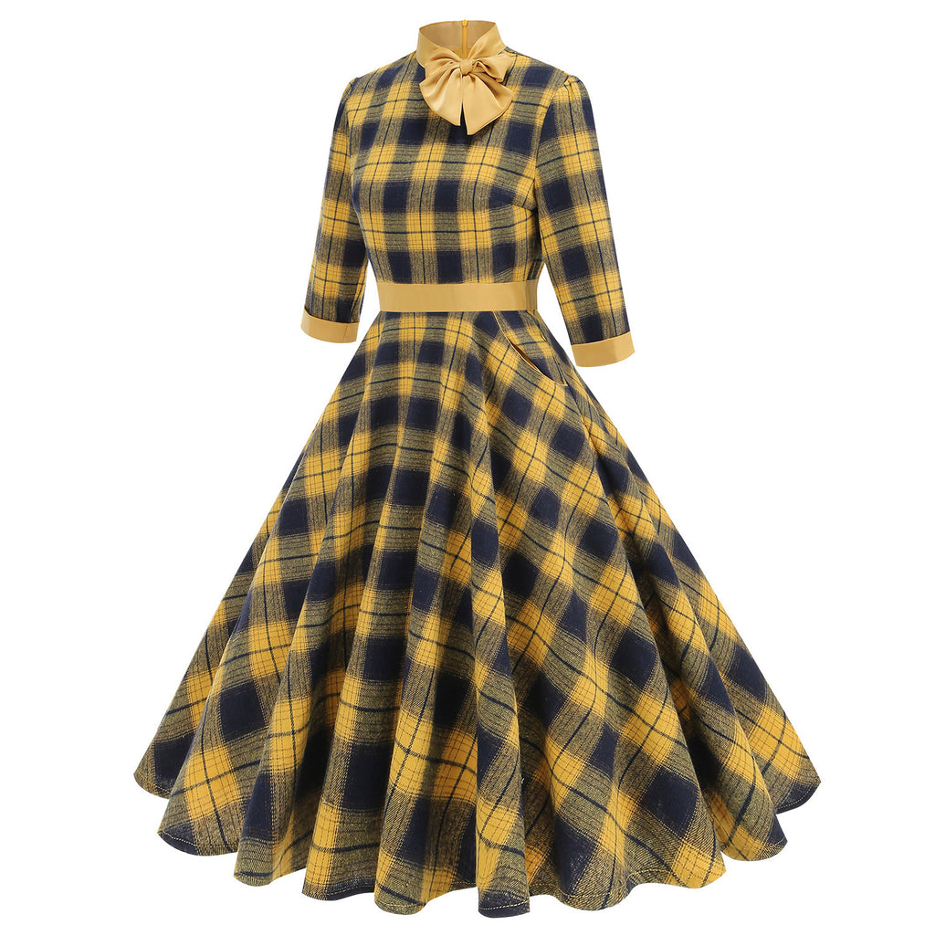 Halloween Plaid Turtleneck Bow High Waist Big Swing Dress