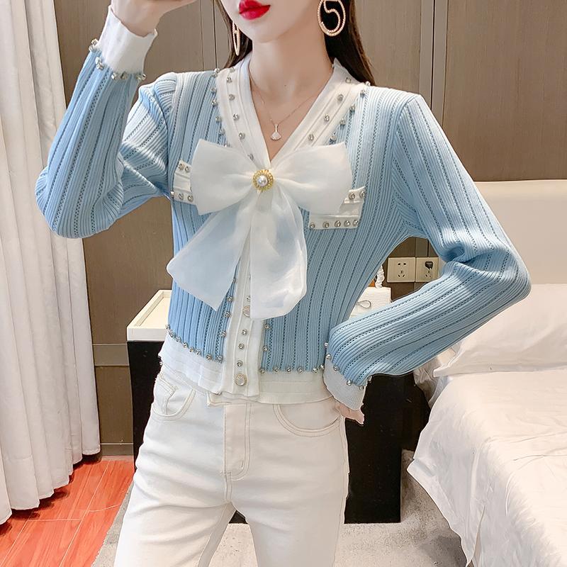 Fashion V-neck Bow Knitted Coat Women's Top