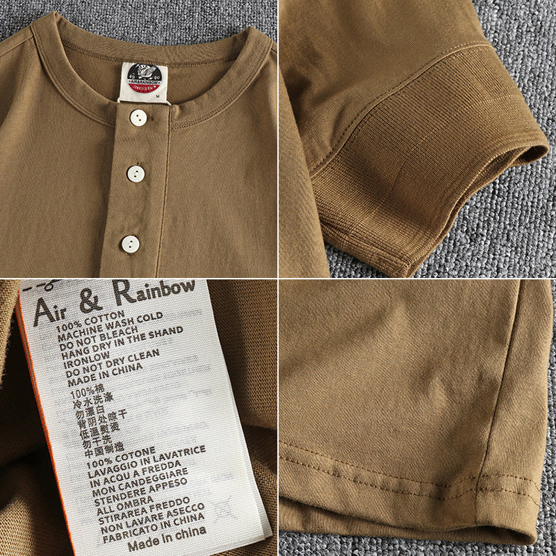 Cuff Wide-brimmed Thread Combed Cotton Washed American Retro Henry Collar Short Sleeve