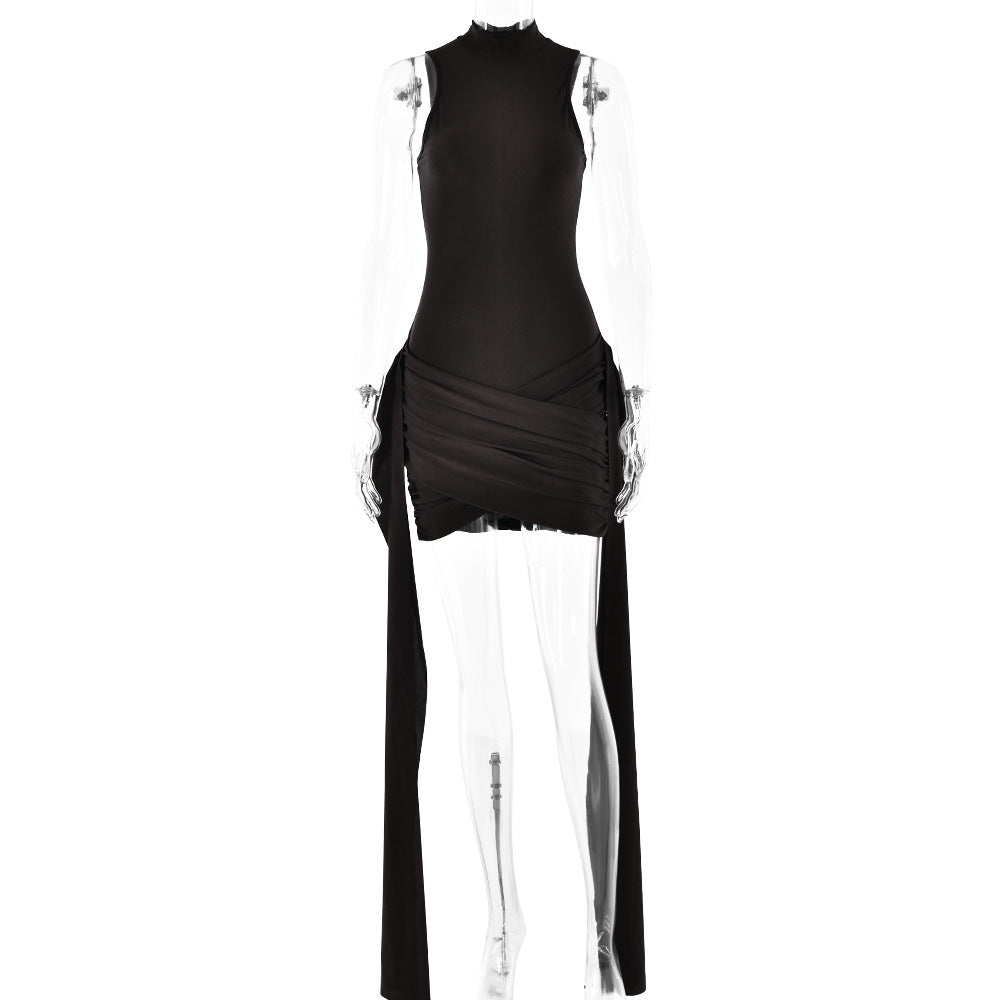 Women's Sexy Sleeveless Bodycon Mini Dress With Side Slit & Tie Detail - Stretchy Clubwear Party Dress