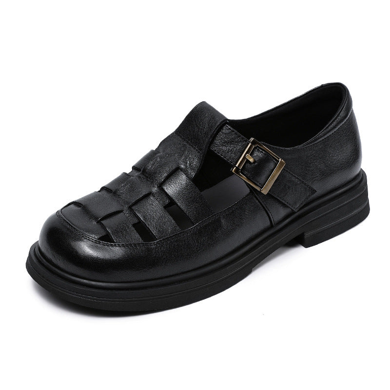 Genuine Leather Pitcher Plant Shoes Women's Round Head Hollow Flat