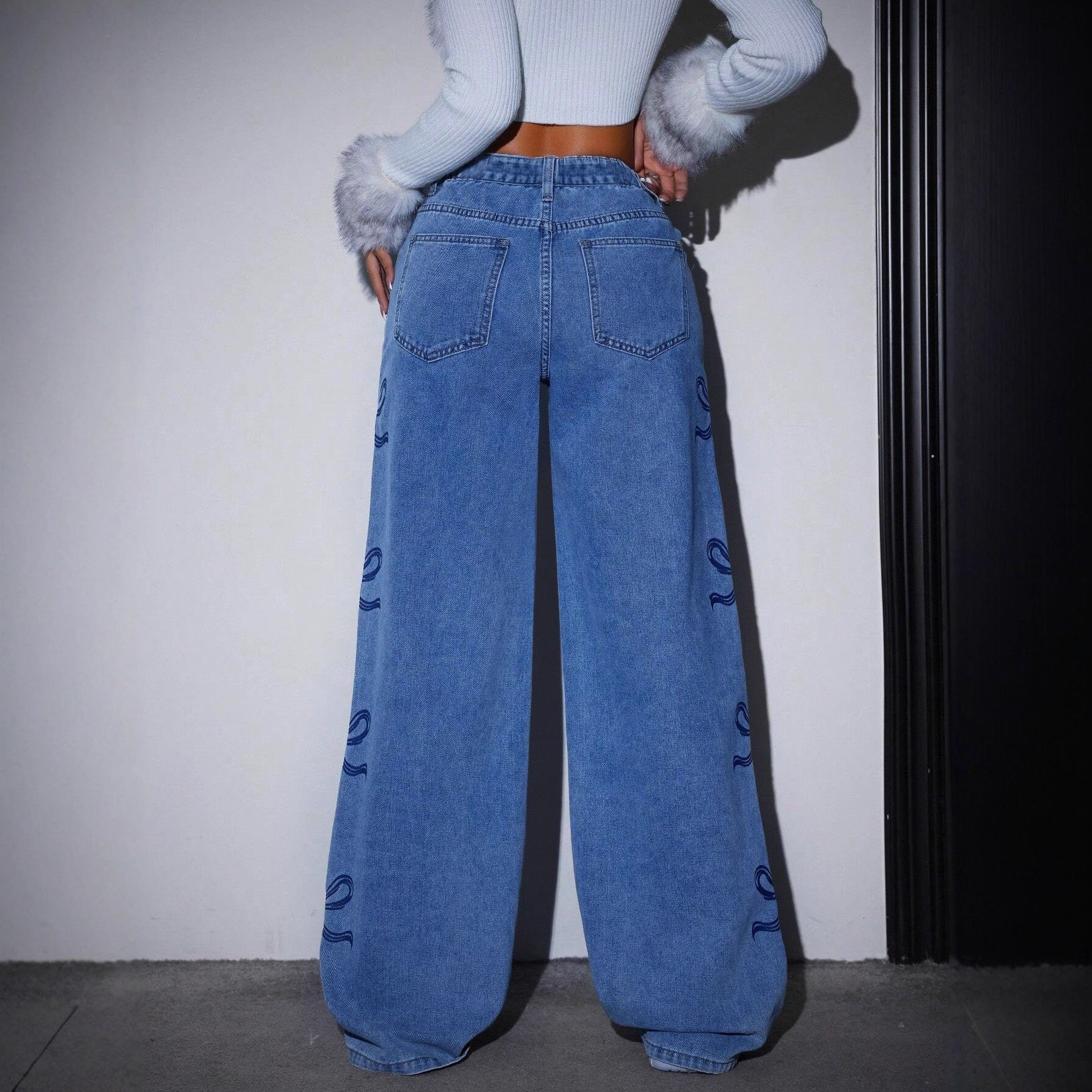 Printed Straight-leg Wide-leg Jeans