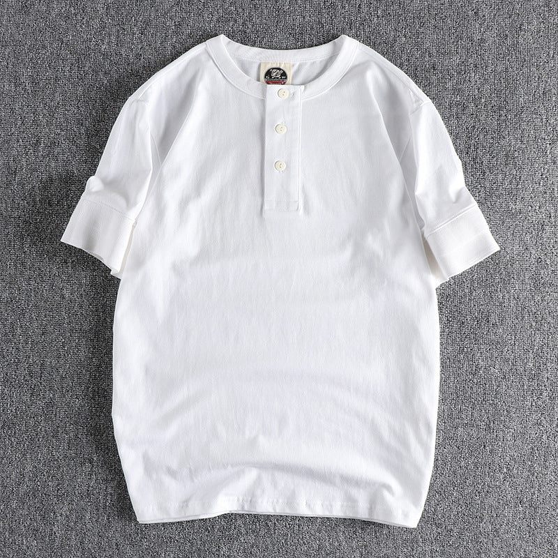 Cuff Wide-brimmed Thread Combed Cotton Washed American Retro Henry Collar Short Sleeve