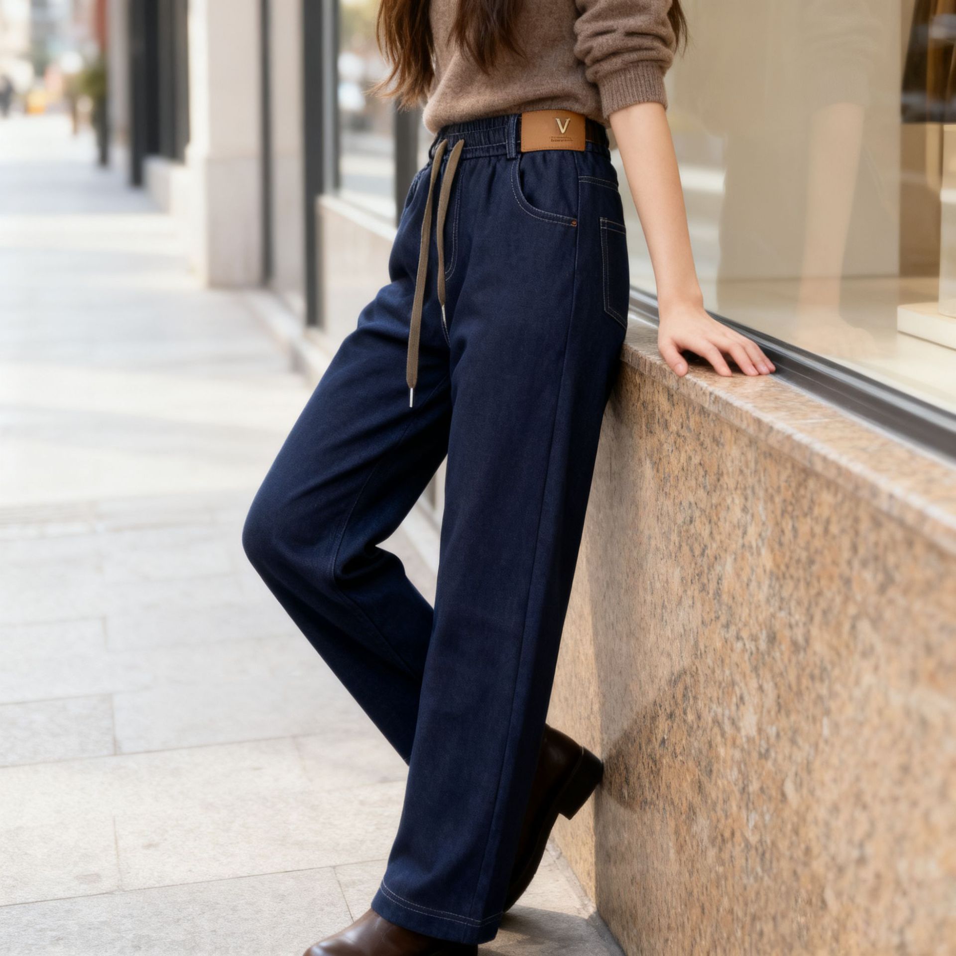 New Fleece-Lined High-Waist Straight-Leg Denim Wide-Leg Pants