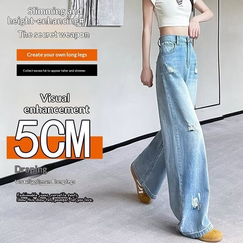 New Light-blue Distressed Wide-leg Jeans